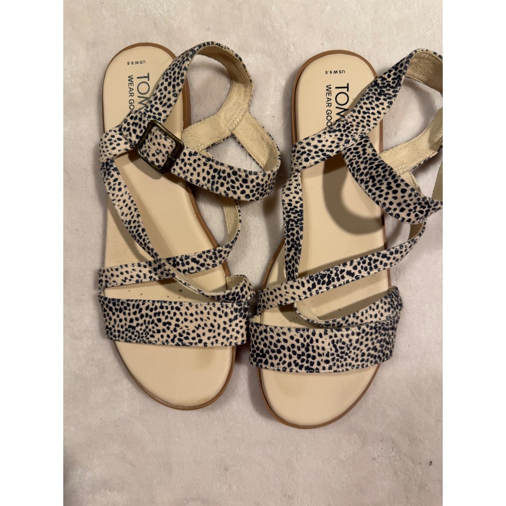 TOMS Lexie Strappy Animal Print Cheetah Flat Sandals Womens 9.5 Black White